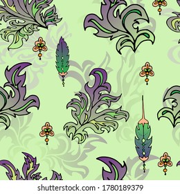 Leaves and feathers pattern. In shades of green. fantastic drawing. Abstract lines of leaves and feathers.