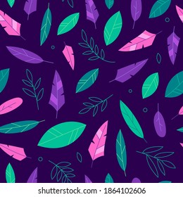 Leaves and feathers seamless pattern on the dark backdrop. Nature background in stylish colours - green, pink and purple. Vector floral illustration in flat cartoon style with outline.