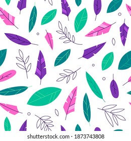 Leaves and feathers seamless pattern on the white backdrop. Nature background in stylish colours - green, pink and purple. Vector floral illustration in flat cartoon style with outline.
