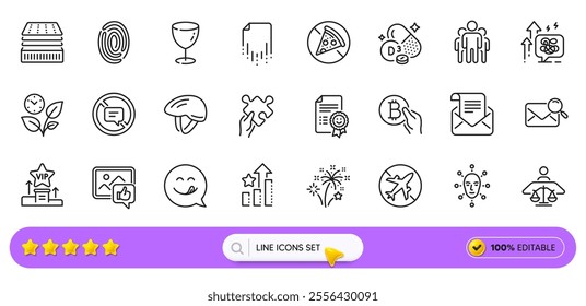 Leaves, Fireworks and Yummy smile line icons for web app. Pack of Cholecalciferol, Glass, Prohibit food pictogram icons. Vip podium, Stop talking, Mail newsletter signs. Ranking stars. Vector