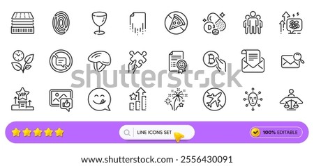 Leaves, Fireworks and Yummy smile line icons for web app. Pack of Cholecalciferol, Glass, Prohibit food pictogram icons. Vip podium, Stop talking, Mail newsletter signs. Ranking stars. Vector