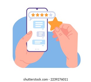 Leaves five star feedback. Customer phone service evaluation. Smartphone in hands. Positive users experience. Mobile application rating. Quality survey. Clients support