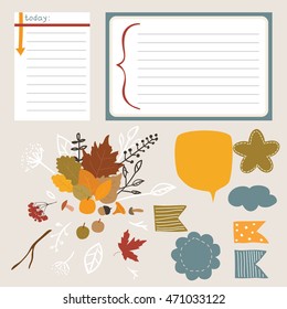 Leaves, flags, buttons. Autumn set of stickers for design website, blog, magazine on light background. collection for scrapbook