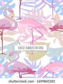 Leaves and flamingo seamless pattern  . Tropical and exotic leaves and pink flamingo. Flat style vector. Monstera, aralia, palm tree, banana palm . Paper, wall paper, wrapping paper, textile.
