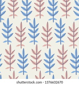 Leaves flat hand drawn seamless pattern. Pastel blue and beige twigs backdrop in  scandinavian style. Botanical vector minimalistic wallpaper. Tropical palm fronds ornament. Fern branches 