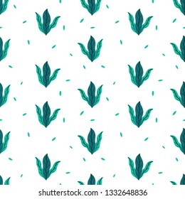 Leaves flat set. Seamless pattern Tropical plants isolated on white background. Nature simple green floral. Minimal style fantasy. Vector illustration.