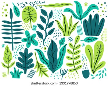 Deja el set plano. Plantas tropicales aisladas de fondo blanco. Naturaleza simple, floral verde. Fantasía de estilo minimal. Ilustración vectorial.