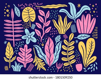 Leaves flat set. Tropical plants isolated on white background. Nature simple green floral. Minimal style fantasy. Vector illustration.