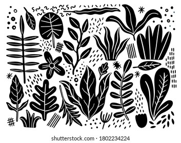 Leaves flat set. Tropical plants isolated on white background. Nature simple green floral. Minimal style fantasy. Vector illustration.