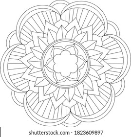 Leaves and floral circular pattern black and white in form of mandala for Henna, Mehndi, tattoo, decoration. Decorative ornament in ethnic oriental style. Vintage decorative elements. Coloring page
