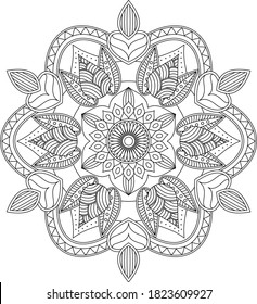 Leaves and floral circular pattern black and white in form of mandala for Henna, Mehndi, tattoo, decoration. Decorative ornament in ethnic oriental style. Vintage decorative elements. Coloring page