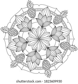 Leaves and floral circular pattern black and white in form of mandala for Henna, Mehndi, tattoo, decoration. Decorative ornament in ethnic oriental style. Vintage decorative elements. Coloring page