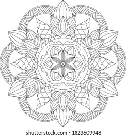 Blätter und florales kreisförmiges Muster schwarz-weiß in Form von Mandala für Henna, Mehndi, Tattoo, Dekoration. Dekorative Ornamente im orientalischen Stil. Vintage dekorative Elemente. Farbseite