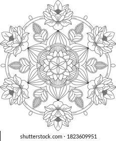 Blätter und florales kreisförmiges Muster schwarz-weiß in Form von Mandala für Henna, Mehndi, Tattoo, Dekoration. Dekorative Ornamente im orientalischen Stil. Vintage dekorative Elemente. Farbseite