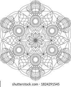 Leaves and floral circular pattern black and white in form of mandala for Henna, Mehndi, tattoo, decoration. Decorative ornament in ethnic oriental style. Vintage decorative elements. Coloring page