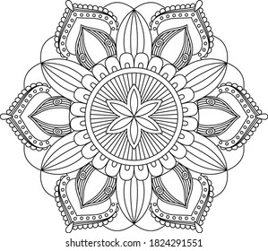 Hojas y patrón circular floral blanco y negro en forma de mandala para Henna, Mehndi, tatuaje, decoración. La decoración es de estilo étnico oriental. Elementos decorativos de época. página Colorante