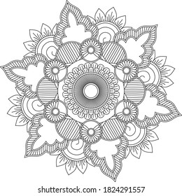 Blätter und florales kreisförmiges Muster schwarz-weiß in Form von Mandala für Henna, Mehndi, Tattoo, Dekoration. Dekorative Ornamente im orientalischen Stil. Vintage dekorative Elemente. Farbseite