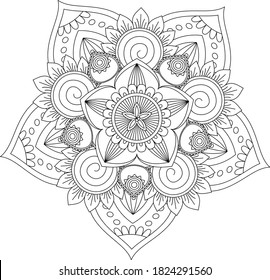 Hojas y patrón circular floral blanco y negro en forma de mandala para Henna, Mehndi, tatuaje, decoración. La decoración es de estilo étnico oriental. Elementos decorativos de época. página Colorante