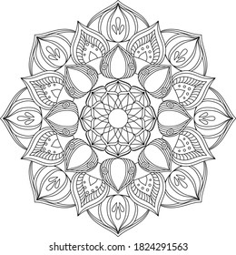 Hojas y patrón circular floral blanco y negro en forma de mandala para Henna, Mehndi, tatuaje, decoración. La decoración es de estilo étnico oriental. Elementos decorativos de época. página Colorante