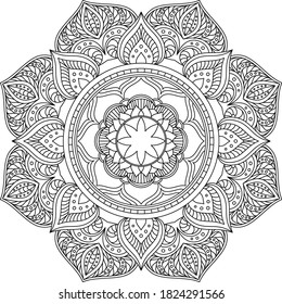 Hojas y patrón circular floral blanco y negro en forma de mandala para Henna, Mehndi, tatuaje, decoración. La decoración es de estilo étnico oriental. Elementos decorativos de época. página Colorante