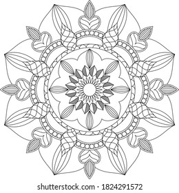 Hojas y patrón circular floral blanco y negro en forma de mandala para Henna, Mehndi, tatuaje, decoración. La decoración es de estilo étnico oriental. Elementos decorativos de época. página Colorante