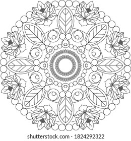 Leaves and floral circular pattern black and white in form of mandala for Henna, Mehndi, tattoo, decoration. Decorative ornament in ethnic oriental style. Vintage decorative elements. Coloring book 