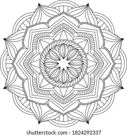 Leaves and floral circular pattern black and white in form of mandala for Henna, Mehndi, tattoo, decoration. Decorative ornament in ethnic oriental style. Vintage decorative elements. Coloring book 