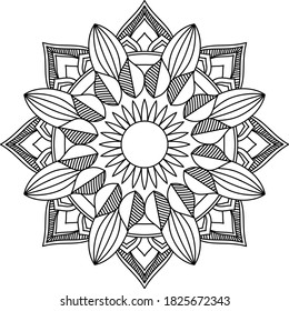 Hojas y patrón circular floral blanco y negro en forma de mandala para Henna, Mehndi, tatuaje, decoración. La decoración es de estilo étnico oriental. Elementos decorativos de época. Colorido de la página.
