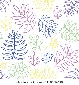 Leaves floral seamless pattern. Colorful contour lines plants on white background