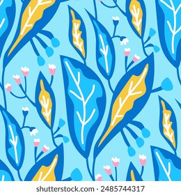 Blätter und florale nahtlose Muster. Sommerpflanzenwiederholungshintergrund. Vektorgrafik florale handgezeichnete Illustration.