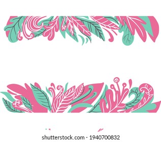 Deja la plantilla Floral en estilo plano. Diseño de marco moderno con plantas, flores. Verano brillante, colores de moda primaveral.