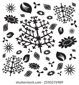 Leaves Flower and Foliage Pattern - Hand drawn Illustration -  Nature in Summer - Black and White Colors Vector