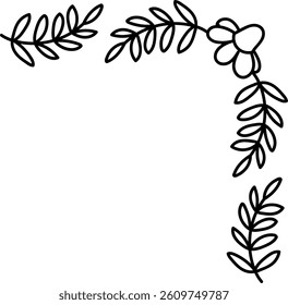 Leaves and a flower form a corner border in a simple line drawing.  Botanical shapes create a frame element for text or images. Cartoon vector illustration