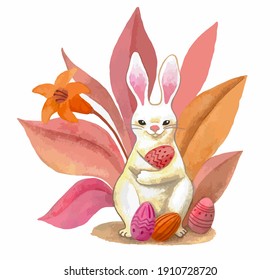 Leaves, flower and rabbit with easter eggs. Happy easter. Vector illustration. Spring composition on white background.