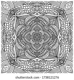 leaves and flowers with abstract linear figures drawn for coloring on a white background, vector, isolated