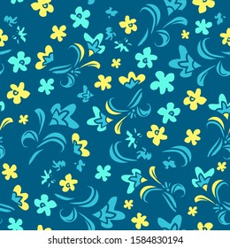 Leaves and flowers background print for textile. The drawn branches with leaves are a beautiful illustration for the fabric. Design ornament pattern seamless. Vector.