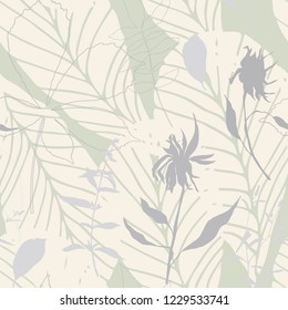 Leaves and flowers background. Vector seamless pattern with hand drawn realistic wild flowers, plants and leaves in light pastel colors