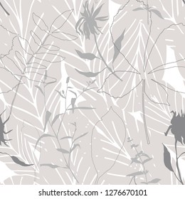 Leaves and flowers background. Vector seamless pattern with hand drawn realistic wild flowers, plants and leaves in light pastel colors
