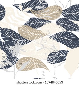 Leaves and flowers background. Vector seamless pattern with hand drawn realistic wild flowers, plants and leaves in light pastel colors