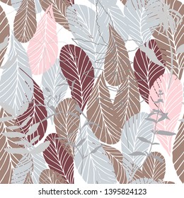 Leaves and flowers background. Vector seamless pattern with hand drawn realistic wild flowers, plants and leaves in light pastel colors