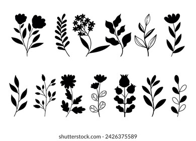 Leaves, flowers and branches silhouettes set. Wild plants and garden flowers silhouettes on white background