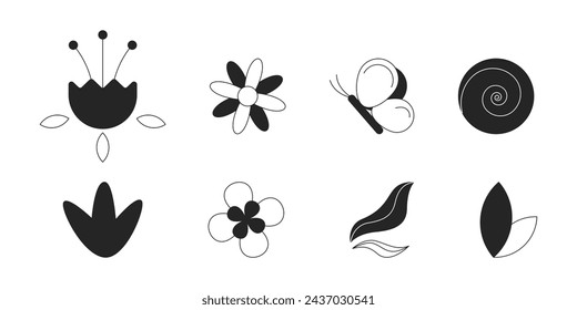 Leaves flowers butterfly black and white 2D line cartoon objects set. Summer natural. Springtime plants isolated vector outline items collection. Nature spring monochromatic flat spot illustrations