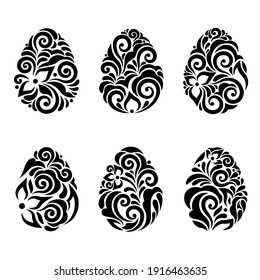 leaves, flowers, carved in egg. Vector illustration. Easter eggs for Easter holidays. Set of paper Easter egg stickers. Laser cut. Vector illustration. Pattern for the laser cut, plotter and screen