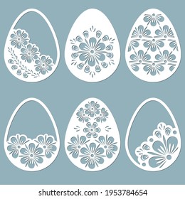 leaves, flowers, carved in egg. Vector illustration. Easter eggs for Easter holidays. Set of paper Easter egg stickers. Laser cut. Vector illustration. Pattern for the laser cut, plotter and screen pr