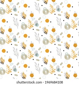 Leaves, flowers and circle Pattern. Background. Seamless. Organic motif, botanical motif background. Vector.