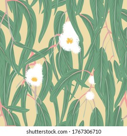 Leaves and flowers of eucalyptus seamless pattern