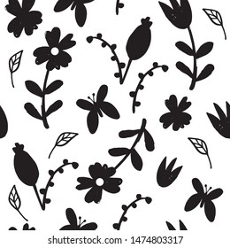Leaves and flowers hand drawn seamless pattern. Black and white inflorescence vector illustration. Floral background with foliage. Botanical wrapping paper, textile, backdrop design