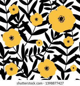 Leaves and flowers hand drawn in trendy style.Creative vector illustration.Sketch for wrapping paper, floral textile, background fill, fabric. 