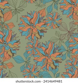 Leaves and flowers. Hand-drawn graphics. Seamless patterns for fabric and packaging design.