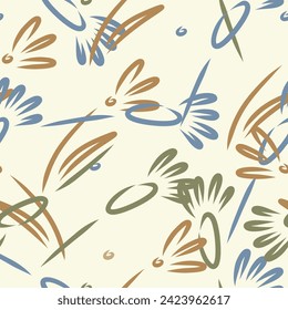 Leaves and flowers. Hand-drawn graphics. Seamless patterns for fabric and packaging design. Vector drawing of botany.